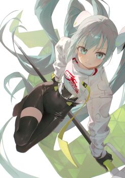 1girl 200f_(nifu) absurdres aqua_eyes aqua_hair asymmetrical_bodysuit asymmetrical_legwear black_bodysuit black_thighhighs bodysuit commentary covered_navel flagpole goodsmile_company goodsmile_racing hatsune_miku highres jacket long_hair race_queen racing_miku racing_miku_(2022) single_thighhigh solo symbol-only_commentary thighhighs twintails vocaloid white_jacket