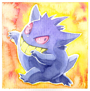 border colored_teeth commentary english_commentary fleebites full_body gen_1_pokemon gengar grin nintendo no_humans pokemon pokemon_(creature) pokemon_focus smile solo white_border yellow_teeth