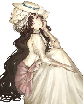 1girl axeloust black_hair bow closed_mouth dress feet_out_of_frame from_side gloves gown hand_on_own_cheek hand_on_own_face hat head_tilt highres isolde_(reverse:1999) juliet_sleeves knees_up long_dress long_hair long_sleeves on_ground puffy_sleeves purple_eyes reverse:1999 sitting smile solo tilted_headwear very_long_hair wavy_hair white_background white_bow white_dress white_hat yellow_gloves