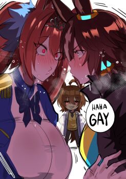 3girls agnes_tachyon_(tach-nology)_(umamusume) agnes_tachyon_(umamusume) ahoge alternate_breast_size_(larger) animal_ears blush bow bowtie breasts brown_hair chibi commentary constricted_pupils daiwa_scarlet_(peak_blue)_(umamusume) daiwa_scarlet_(umamusume) ear_ornament english_commentary english_text eye_contact face-to-face green_eyes hair_between_eyes hair_intakes highres horse_ears horse_girl horse_tail huge_breasts imminent_kiss kurenaiz_(kuayrenaiz) lab_coat leaning_forward long_hair long_sleeves looking_at_another multiple_girls necktie nervous_sweating nose_blush pantyhose puckered_lips raised_eyebrows red_hair shaded_face short_hair short_necktie standing sweat sweater_vest tail tiara umamusume v-shaped_eyebrows vodka_(umamusume) vodka_(wild_top_gear)_(umamusume) wide-eyed yuri