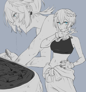 1girl aqua_eyes bent_over blue_eyes close-up clothes_around_waist commentary_request cowboy_shot dirty dirty_clothes dirty_face dripping earrings engine gloves hand_on_own_hip head_wings highres holding holding_wrench hololive jewelry karakr_shin looking_at_viewer multiple_views navel parted_lips partially_colored simple_background solo sports_bra stomach sweat takane_lui virtual_youtuber wings wiping_face wiping_sweat wrench