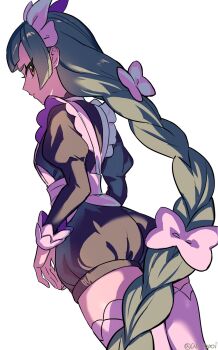 1girl apron bow braid brown_eyes closed_mouth commentary green_hair hair_bow headdress highres lebanne_(pokemon) long_hair long_sleeves maid nintendo pokemon pokemon_legends:_z-a simple_background solo symbol-only_commentary thighhighs twitter_username un_tapoi white_background