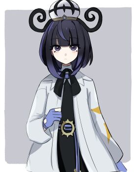 1girl absurdres belt belt_buckle black_dress black_hair blunt_bangs border buckle closed_mouth coat commentary_request dress gloves gradient_hair grey_background gwynn_(pokemon) hat highres long_sleeves looking_at_viewer multicolored_hair nintendo o-ring o-ring_belt open_clothes open_coat outside_border partially_fingerless_gloves pokemon pokemon_legends:_z-a purple_eyes purple_hair short_hair solo tsuki0425 white_border white_coat white_hat