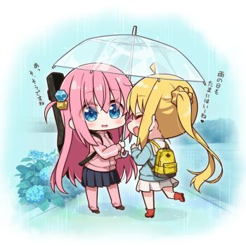 Rule 34 | 2girls, ahoge, alternate costume, backpack, bag, black skirt, blonde hair, blue eyes, blush, bocchi the rock!, brown shoes, chibi, chibi only, chika (06chimika13), closed eyes, commentary request, cube hair ornament, gotoh hitori, hair ornament, holding, holding umbrella, ijichi nijika, instrument case on back, jacket, long hair, long sleeves, looking at another, multiple girls, open mouth, pants, pants under skirt, parted lips, pink hair, pink jacket, pink pants, pink track suit, red shoes, shared umbrella, shirt, shoes, side ponytail, skirt, smile, track jacket, track pants, track suit, translation request, umbrella, white shirt, yellow bag