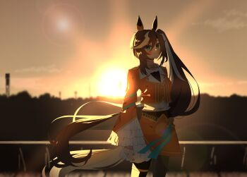 1girl absurdres amane_hikari animal_ears blue_eyes blurry blurry_background blush brown_hair commentary_request fingernails hair_between_eyes hair_ornament highres horse_ears horse_girl long_hair looking_at_viewer pantyhose racetrack royal_hope_(the_royal_family) side_ponytail sky solo sunset the_royal_family