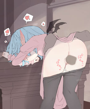 1boy 1girl ass bat_wings bent_over black_pantyhose blue_hair blush censored clothes_pull commentary_request disembodied_hand ear_blush ei_tantan heart hetero highres lifting_another's_clothes loli long_sleeves missing_headwear mosaic_censoring panties panty_pull pantyhose pantyhose_pull penis pink_shirt pink_skirt pointy_ears remilia_scarlet sex shirt skirt spoken_heart standing standing_sex touhou underwear vaginal white_panties wings