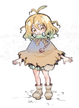 Rule 34 | 1girl, :3, ahoge, antenna hair, blonde hair, blush, boots, brown eyes, closed mouth, dr. stone, e=mc2 (equation), food, fruit, full body, gradient hair, green hair, green skirt, hair between eyes, highres, looking at viewer, medium hair, multicolored hair, ninomae gin, pleated skirt, poncho, scarf, simple background, skirt, smile, solo, suika (dr.stone), virtual youtuber, watermelon, white background, yellow eyes