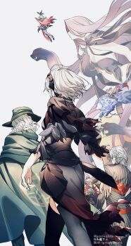 3boys 4girls antonio_salieri_(fate) antonio_salieri_(second_ascension)_(fate) armor arms_at_sides bandaged_leg bandages black_cape black_shirt black_thighhighs cape chain cloak edmond_dantes_(fate) fate/grand_order fate_(series) fedora flying from_behind giant giant_monster gorgon_(fate) goshiko86g gradient_cape gradient_clothes green_cloak green_pants hair_bun hair_intakes hand_to_own_mouth hat headless hessian_(fate) highres japanese_armor jeanne_d&#039;arc_alter_(fate) jumping lobo_(fate) long_sleeves medium_hair medusa_(fate) monster_girl multiple_boys multiple_girls nitocris_(fate) nitocris_alter_(fate) nitocris_alter_(first_ascension)_(fate) pants print_cloak purple_hair red_cloak rider shirt short_hair single_side_bun snake striped_clothes taira_no_kagekiyo_(fate) taira_no_kagekiyo_(second_ascension)_(fate) thighhighs torn_cloak torn_clothes ushiwakamaru_(fate) waist_cape walking white_hair wolf