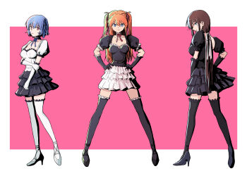 Rule 34 | 3girls, ayanami rei, black dress, black gloves, black shirt, black shoes, black skirt, black thighhighs, blue eyes, blue hair, border, breasts, brown hair, choker, commentary request, dress, frilled gloves, frilled thigh strap, frills, full body, gloves, gothic lolita, hair between eyes, hair ribbon, hands on own hips, high heels, highres, layered dress, layered skirt, lolita fashion, looking at viewer, looking back, low ponytail, makinami mari illustrious, miniskirt, multiple girls, neck ribbon, neon genesis evangelion, outside border, pink background, ponytail, pumps, red ribbon, ribbon, sashimi (sasihmi), shirt, shoes, short dress, short hair, short sleeves, skirt, small breasts, souryuu asuka langley, standing, standing on one leg, thigh strap, thighhighs, twintails, white border, white shirt, white skirt, white thighhighs, zettai ryouiki