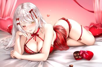 Rule 34 | 1girl, absurdres, bow, box, box of chocolates, braid, breasts, candy, chocolate, chocolate heart, cleavage, collarbone, commentary, food, hair bow, heart, heart-shaped box, heart-shaped food, heterochromia, highres, lips, long hair, original, panties, parted lips, pink nails, red bow, red eyes, red panties, rinkosannn, smile, solo, underwear, white hair, yellow eyes
