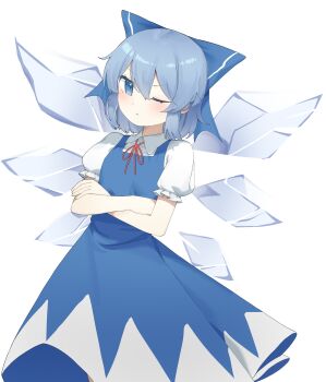 1girl :t absurdres blue_bow blue_dress blue_eyes blue_hair blush bow cirno collared_shirt commentary crossed_arms detached_wings dress hair_bow highres ice ice_wings kh_jing_shui_tong looking_at_viewer neck_ribbon one_eye_closed pinafore_dress pout puffy_short_sleeves puffy_sleeves red_ribbon ribbon shirt short_sleeves simple_background sleeveless sleeveless_dress solo touhou white_background white_shirt wings