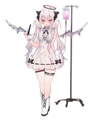 Rule 34 | 1girl, :d, absurdres, amanatsu leo, bare shoulders, black bow, blush, boots, bow, demon horns, demon wings, detached wings, dress, frilled dress, frills, full body, grey hair, grey nails, grey wings, halo, hand up, highres, holding, holding pen, horns, indie virtual youtuber, intravenous drip, iv stand, long hair, looking at viewer, mini wings, nail polish, open mouth, pen, purple eyes, simple background, sleeveless, sleeveless dress, smile, solo, soukou makura, standing, thigh strap, two side up, virtual youtuber, watch, white background, white dress, white footwear, wings, wristwatch