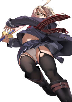 1girl ahoge artoria_pendragon_(fate) black-framed_eyewear black_boots black_jacket black_thighhighs blonde_hair blue_skirt boots commentary_request excalibur_(fate/stay_night) fate/grand_order fate_(series) from_below fu-ta garter_straps glasses highres holding holding_sword holding_weapon jacket looking_at_viewer mysterious_heroine_x_alter_(fate) panties parted_lips plaid_clothes plaid_scarf pleated_skirt red_scarf scarf short_hair simple_background skirt solo standing standing_on_one_leg stomach sword thighhighs underwear weapon white_background white_panties yellow_eyes