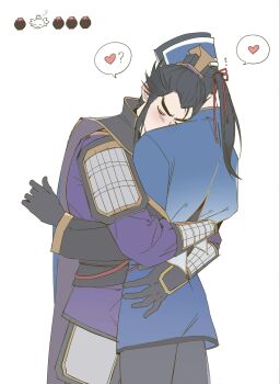 2boys armor black_gloves blue_coat blue_hat blush cao_cao_(shin_sangoku_musou) chinese_armor chinese_clothes closed_eyes coat commentary_request cowboy_shot flying_sweatdrops furrowed_brow gloves hair_ribbon hat heart highres hug jacket male_focus multiple_boys p3ach0520 ponytail purple_jacket red_ribbon ribbon shin_sangoku_musou shin_sangoku_musou_origins shoulder_armor sidelocks spoken_heart vambraces white_background xun_yu_(shin_sangoku_musou) yaoi