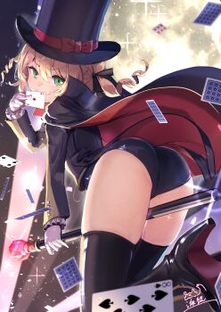 1girl absurdres ass between_legs black_boots black_cloak black_hat black_jacket black_leotard black_ribbon black_thighhighs blonde_hair boots cane card cloak commission curly_hair from_behind full_moon gem gloves green_eyes hand_to_own_mouth hat high_heel_boots high_heels highres jacket leaning_forward leg_up leotard leotard_under_clothes long_hair looking_back moon multicolored_cloak namako_(namacotan) night night_sky original outdoors phantom_thief phantom_thief_(kkmomo67) playing_card red_cloak ribbon searchlight skeb_commission sky smile solo standing standing_on_one_leg thigh_boots thighhighs thighs top_hat twintails two-sided_cloak two-sided_fabric two-tone_cloak white_gloves wind wind_lift