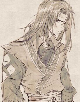 1boy closed_mouth commentary cowboy_shot curtained_hair dirty dirty_face english_commentary hair_down highres hikari_ku japanese_clothes korina_(mrpuripurin) layered_clothes long_hair long_sleeves looking_ahead male_focus narrowed_eyes obi octopath_traveler octopath_traveler_ii popped_collar sash sepia simple_background solo