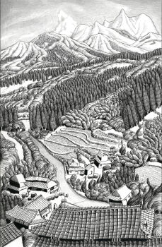 building commentary_request erk_(vfae4358) forest greyscale highres inktober landscape monochrome mountain nature no_humans original outdoors pen_(medium) rural scenery tile_roof traditional_media tree