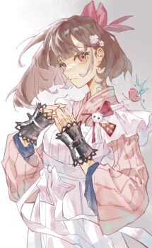 Rule 34 | 1girl, absurdres, an'ang, apron, blunt ends, bow, brown hair, closed mouth, cuffs, floating hair, flower, frilled apron, frills, gradient background, grey background, hair bow, hair flower, hair ornament, hands up, highres, japanese clothes, kimono, looking at viewer, maid, pink bow, pink eyes, pink flower, pink kimono, pinstripe kimono, pinstripe pattern, rabbit ornament, reverse:1999, satsuki (reverse:1999), short hair, solo, striped clothes, striped kimono, upper body, vertical-striped clothes, vertical-striped kimono, wa maid, white apron