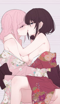 2girls asymmetrical_docking blue_eyes blush breast_press breasts brown_hair chinese_commentary commentary_request girls_band_cry grey_eyes highres hina_(girls_band_cry) iseri_nina japanese_clothes kimono large_breasts low_twintails medium_breasts multiple_girls nipples pink_hair pink_kimono red_kimono short_hair short_twintails twintails yun_cao_bing yuri