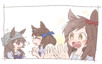 3girls :d ^_^ beanie beer_hsk blue_bow bow brown_eyes brown_hair buena_vista_(old_design)_(umamusume) closed_eyes commentary_request ear_bow ears_through_headwear grey_hat hair_between_eyes hair_bow hat multiple_girls nakayama_festa_(umamusume) open_mouth profile puffy_short_sleeves puffy_sleeves purple_bow purple_eyes purple_shirt red_bow school_uniform shirt short_sleeves smile sparkle sparkle_background tosen_jordan_(umamusume) tracen_school_uniform twintails umamusume upper_body wavy_mouth white_background