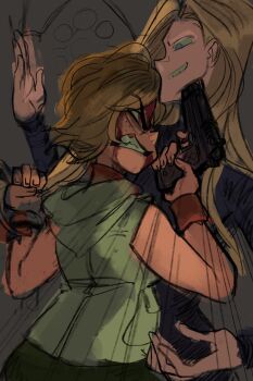 2girls alex_ahad blonde_hair blood blue_eyes claudia_wolf clenched_teeth dress freckles grin gun handgun heather_mason highres holding holding_weapon jacket looking_at_another motion_lines multiple_girls pistol red_eyes silent_hill_(series) silent_hill_3 sketch smile speed_lines teeth upper_body weapon wristband