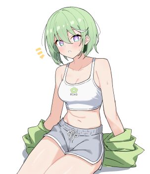 1girl absurdres arms_at_sides blush breasts bright_pupils character_name cleavage coat collarbone commentary_request cowboy_shot crop_top dolphin_shorts green_jacket grey_shorts hair_between_eyes highres jacket jacket_partially_removed korean_commentary large_breasts long_bangs midriff multicolored_hair nal_muck navel notice_lines parted_lips print_camisole purple_eyes short_shorts shorts simple_background sitting solo stellive streaked_hair sweat virtual_youtuber white_background white_coat white_pupils yuzuha_riko