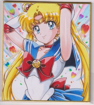 1girl arms_up bishoujo_senshi_sailor_moon blonde_hair blue_eyes blue_sailor_collar bow chikoto_(kztc4472) choker double_bun earrings elbow_gloves gloves hair_bun hair_ornament highres jewelry lips long_hair magical_girl photo_(medium) red_bow red_choker sailor_collar sailor_moon sailor_senshi_uniform smile solo traditional_media tsukino_usagi twintails white_gloves