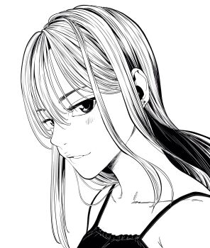 1girl armpit_crease camisole collarbone commentary_request earrings eyelashes hair_behind_ear highres jewelry lee_(dragon_garou) light_blush lips long_hair monochrome multiple_earrings original parted_lips portrait profile single_hair_intake smile solo stud_earrings