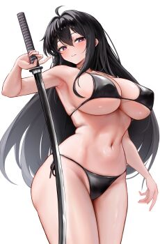 1girl absurdres ahoge armpits bikini black_bikini black_hair blush breasts commission cowboy_shot highres holding holding_sword holding_weapon katana large_breasts looking_at_viewer navel original parted_lips purple_eyes side-tie_bikini_bottom simple_background solo stomach swimsuit sword thighs underboob usagol7 weapon white_background