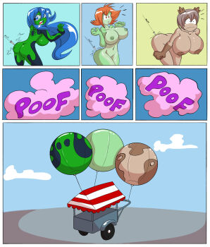 3girls ass balloon blue_eyes blue_hair breasts brown_hair comic dart frog_girl goggles groin highres huge_breasts kreizen large_breasts long_hair monster_girl multiple_girls navel nipples nude objectification open_mouth orange_eyes orange_hair original smoke surprised transformation what