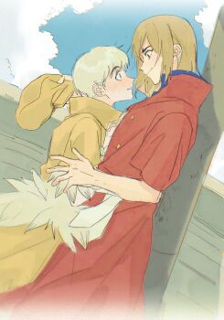 2boys blonde_hair blue_sky blush brown_hair closed_mouth cloud coat day dr._stone eye_contact from_side hat highres holding holding_cloth long_coat looking_at_another male_focus multiple_boys nanami_ryuusui omurice_uu outdoors red_coat red_robe robe saionji_ukyou short_hair short_sleeves sky smile unworn_hat unworn_headwear yaoi