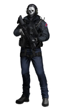 1boy absurdres ammunition_pouch assault_rifle black_boots black_gloves black_mask blue_jacket boots brown_eyes bt_(user_udwc7853) bulletproof_vest call_of_duty call_of_duty:_modern_warfare_2 chest_holster commentary denim ear_protection english_commentary eotech facepaint flag_patch ghost_(modern_warfare_2) glock gloves gun handgun headset highres holding holding_gun holding_weapon holster jacket jeans lapels laser_sight load_bearing_vest long_sleeves m4_carbine magazine_(weapon) male_focus mask military military_operator optical_sight pants pouch rifle simple_background skeleton_print skull_mask solo standing tactical_clothes thighhighs trigger_discipline unfinished union_jack weapon white_background