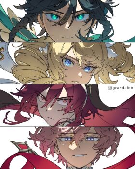 Rule 34 | 2boys, 2girls, artist name, barbara (genshin impact), black hair, black veil, blonde hair, blue eyes, braid, cape, closed mouth, collared cape, column lineup, commentary, dahlia (genshin impact), drill hair, english commentary, eyelashes, floating hair, frown, genshin impact, gradient hair, grandaloe, green cape, green eyes, hair between eyes, highres, instagram logo, instagram username, long hair, looking at viewer, medium hair, multicolored hair, multiple boys, multiple girls, nun, parted lips, pink hair, purple hair, red cape, red eyes, rosaria (genshin impact), serious, short hair, side braids, simple background, smile, smirk, twin braids, twin drills, upper body, v-shaped eyebrows, veil, venti (genshin impact), white background