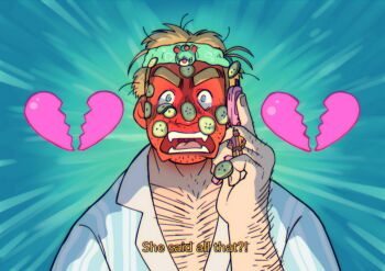 1boy arm_hair blonde_hair blue_background blue_eyes blush broken_heart cellphone cellphone_charm charm_(object) chest_hair commentary cucumber cucumber_on_face cucumber_slice english_text flip_phone full-face_blush green_headband grgxrt headband heart highres holding holding_phone male_focus messy_hair open_mouth original pajamas phone shirt short_hair simple_background solo striped_clothes striped_shirt subtitled surprised symbol-only_commentary thick_eyebrows v-shaped_eyebrows white_pajamas