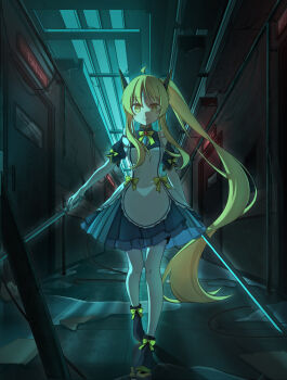 1girl absurdly_long_hair absurdres ahoge animegao blonde_hair blue_dress cluebox cosplay door dress dual_wielding frills gloves hallway highres holding holding_sword holding_weapon juliet_sleeves kigurumi long_hair long_sleeves mask original pantyhose ponytail puddle puffy_sleeves reflection ribbon smile solo straight-on sword variant_set very_long_hair walking weapon white_gloves white_pantyhose yellow_eyes yellow_ribbon