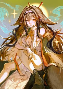 1girl animal_ear_fluff animal_ears bare_legs bare_shoulders breasts brown_hair china_dress chinese_clothes cleavage closed_mouth clover clover_hair_ornament dress floppy_ears hair_ornament hairband hand_on_own_chin hand_on_own_leg hand_up highres holding large_breasts large_tail long_hair looking_at_viewer red_eyes sandysoon610 sitting sleeveless solo sparkle stroking_own_chin tail thinking very_long_hair ye_shunguang zenless_zone_zero