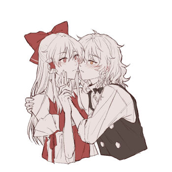 2girls ascot black_vest blush bow braid chinese_commentary closed_mouth commentary_request detached_sleeves frilled_hair_tubes frills hair_bow hair_tubes hakurei_reimu hitte5416 imminent_kiss kirisame_marisa long_hair long_sleeves multiple_girls no_headwear red_bow side_braid single_braid touhou vest yellow_eyes