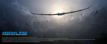 ace_combat ace_combat_7 airborne_aircraft_carrier aircraft arsenal_bird character_name cloud cloudy_sky commentary drone english_commentary english_text highres looking_at_viewer machine military mother_ship mq-101 no_humans parasite_aircraft shuten_(project_sky) sky sun unmanned_aerial_vehicle unmanned_combat_aerial_vehicle