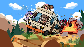 Rule 34 | airani iofifteen, animal ears, ayunda risu, blush stickers, chibi, chibi only, closed eyes, commentary, driving, explosion, explosion background, gradient hair, hair ornament, highres, hololive, hololive indonesia, kureiji ollie, long hair, moona hoshinova, multicolored hair, multiple girls, pink hair, purple eyes, purple hair, recreational vehicle, red hair, renveriouz, rv there yet?, side ponytail, sidelocks, squirrel ears, squirrel girl, squirrel tail, symbol-only commentary, tail, virtual youtuber