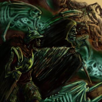 6+others absurdres armor artist_name banner black_cloak cloak commentary dated english_commentary ghost hammer helmet highres holding holding_banner holding_polearm holding_shield holding_sword holding_weapon hood hooded_cloak horse multiple_others polearm realistic shield signature skeleton skeleton_horse sonofthecrimsonking spear sword undead vampire_counts_(warhammer) war_hammer warhammer_fantasy weapon