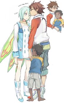 1girl 2boys ankle_boots aqua_hair barefoot black_hair blush boots brown_hair buttons choker closed_eyes dark-skinned_male dark_skin disappointed double-breasted double-parted_bangs dress eureka_(eureka_seven) eureka_seven eureka_seven_(series) full_body hair_between_eyes highres hug hugging_another's_leg imagining jacket kiss kissing_forehead knee_boots linck long_sleeves multicolored_jacket multiple_boys one_eye_closed pants pants_rolled_up purple_eyes renton_thurston rueisi_(namezari) scar shirt short_dress short_hair short_sleeves shorts simple_background standing t-shirt thigh_strap tiptoes two-tone_dress two-tone_jacket waist_bag white_background white_footwear wings