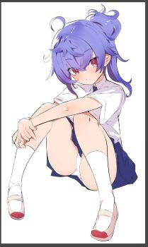 Rule 34 | 1girl, blue necktie, caburi, commentary, hair between eyes, long hair, looking at viewer, necktie, original, panties, ponytail, purple hair, red eyes, shirt, socks, solo, thighs, underwear, white panties, white shirt, white socks
