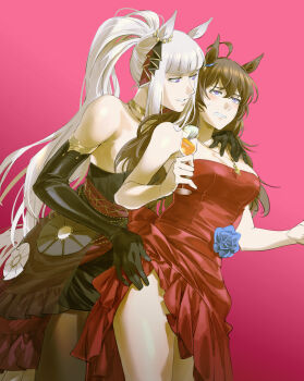 2girls absurdres ahoge animal_ears black_dress black_gloves bow breasts brown_pantyhose clenched_teeth cup dress ear_ribbon elbow_gloves gloves gold_ship_(la_mode_564)_(umamusume) gold_ship_(umamusume) grin hand_on_another's_shoulder highres holding holding_cup horse_ears horse_girl long_hair medium_breasts multiple_girls pantyhose ponytail purple_eyes red_dress ruukii_drift smile standing strapless strapless_dress teeth umamusume very_long_hair white_hair