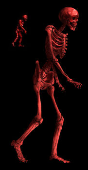 1other black_background castlevania_(series) commentary_request from_side full_body highres monochrome pixel_art_inset red_skeleton red_theme reference_inset simple_background skeleton standing yoshinaga_yuki