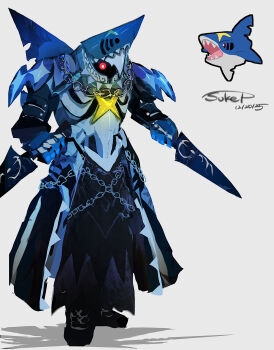 absurdres armor dated dual_wielding gen_3_pokemon glowing glowing_eyes highres holding nintendo open_mouth personification pokemon pokemon_(creature) reference_inset shadow sharpedo signature sukepmonster white_background