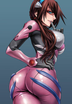 00s 1girl ass blue_background blue_eyes bodysuit breasts brown_hair covered_erect_nipples curvy evangelion:_2.0_you_can_(not)_advance female_focus finger_to_mouth glasses hand_on_own_hip highres hip_focus huge_ass impossible_clothes large_breasts lips long_hair makinami_mari_illustrious mecha_pilot_suit neon_genesis_evangelion plugsuit_(evangelion) rebuild_of_evangelion red-framed_eyewear sadakage simple_background skin_tight solo twintails wedgie wide_hips