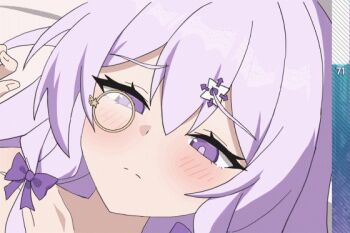 1girl animated animated_gif arcaea blush bow chinese_commentary commentary_request implied_sex lagrange_(arcaea) looking_down maigo_no_haien monocle otarc portrait purple_bow purple_eyes purple_hair sex