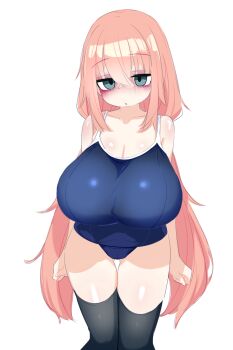1girl bags_under_eyes black_thighhighs blue_eyes blush breasts feet_out_of_frame hair_between_eyes highres huge_breasts jitome kukuchi581 long_hair looking_at_viewer michinoku_komaro oppai_loli parted_lips pink_hair school_swimsuit seitokai_ni_mo_ana_wa_aru! simple_background standing swimsuit thighhighs white_background