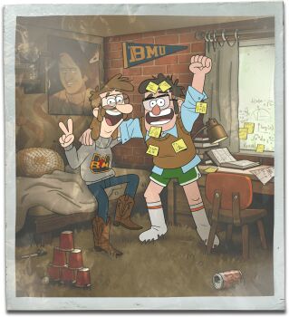 2boys aqua_collar aqua_shirt aqua_undershirt artist_request ball banner bed big_nose blanket blue_pants book book_of_bill boots brick_wall brown_hair brown_sweater_vest can carpet chair clenched_hand collar collared_shirt collared_sweater cowboy_boots cup curtains desk desk_lamp disney disposable_cup dolphin_shorts dorm drink_can extra_digits facial_hair fiddleford_mcgucket fluffy_hair ford_pines glasses gravity_falls green_shorts grey_collar grey_sweater hand_on_another's_shoulder highres indoors kneehighs lamp legs_apart light_brown_hair logo_print long_sleeves math medium_hair multiple_boys mustache official_art open_book open_mouth pants paper pen pencil pencil_behind_ear photo_(object) pillow print_sweater raised_fist second-party_source shirt short_hair short_shorts shorts side_slit side_slit_shorts sideburns sitting sleeve_cuffs socks soda_can standing sticky_note sweater sweater_vest table_tennis_ball teeth text_print three-quarter_sleeves tongue toon_(style) turtleneck turtleneck_sweater upper_teeth_only v white_socks window wing_collar