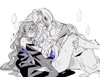 2girls 37_(reverse:1999) ^^^ ancient_greek_clothes artist_request blue_eyes breasts clothes_pull commentary_request dress dress_pull eye_contact face-to-face feet_out_of_frame from_side greco-roman_clothes green_eyes greyscale holding_another's_leg implied_fingering kneeling leg_up looking_at_another lying medium_breasts monochrome multiple_girls on_back profile reverse:1999 second-party_source sophia_(manus_vindictae)_(reverse:1999) sophia_(reverse:1999) spot_color sweat tearing_up toga white_background yuri